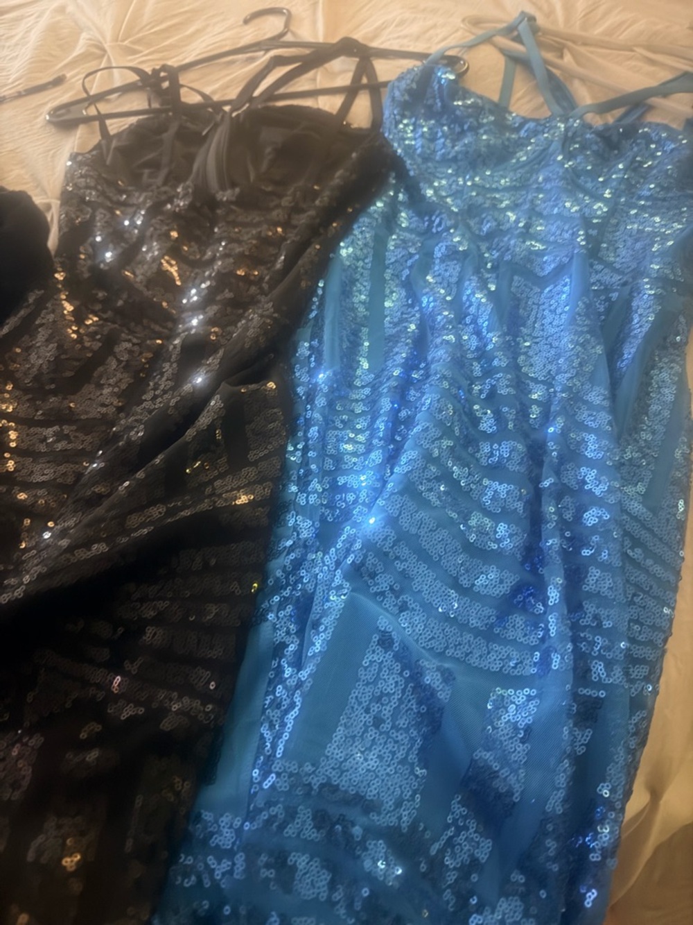 bebe Black and Blue Sequin Strappy Evening Dresses